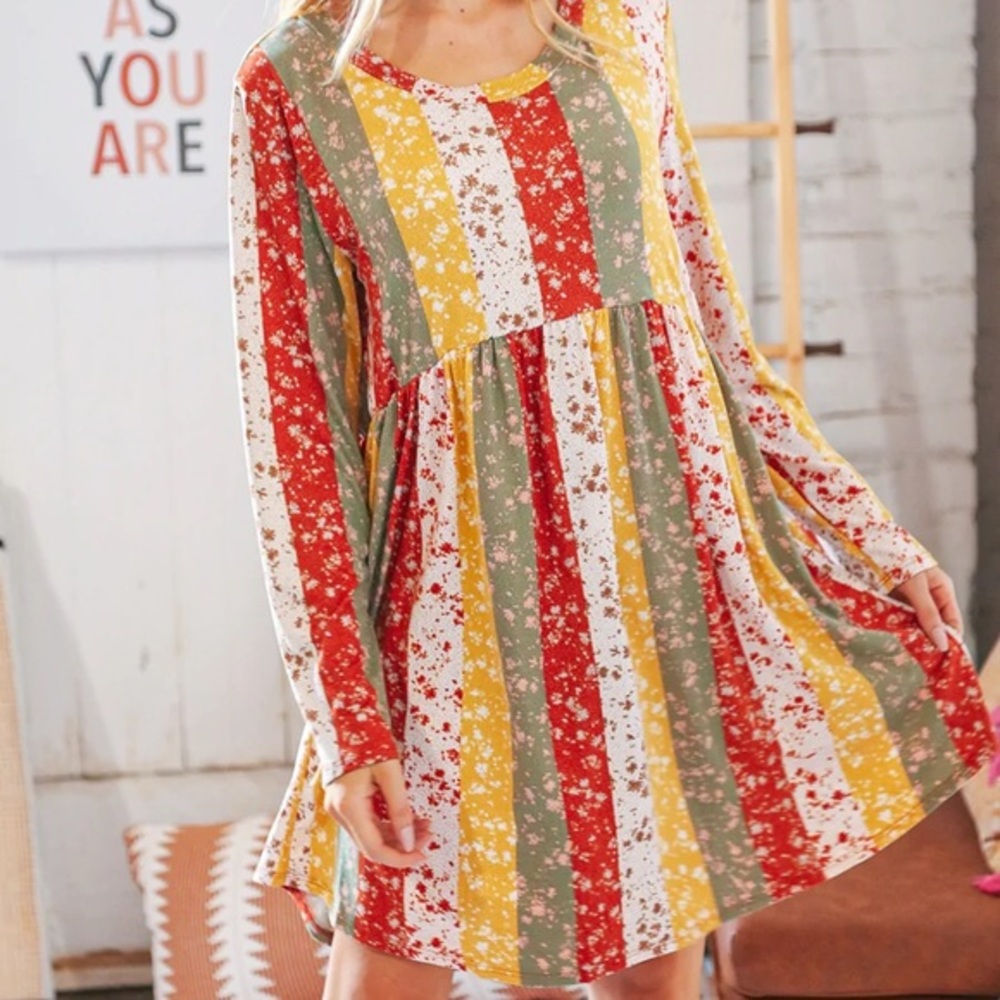 YELLOW/SAGE FLORAL PATCHWORK LONG SLEEVE BABYDOLL DRESS